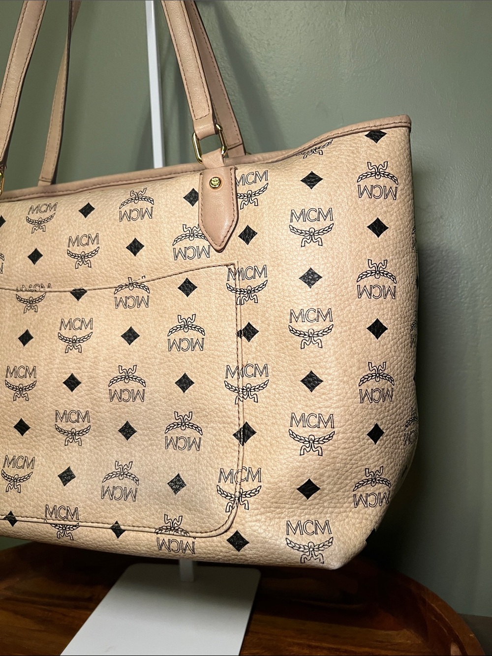 MCM Beige Logo Canvas Tote with Coral and Blue Center Stripe - Picture 4 of 10